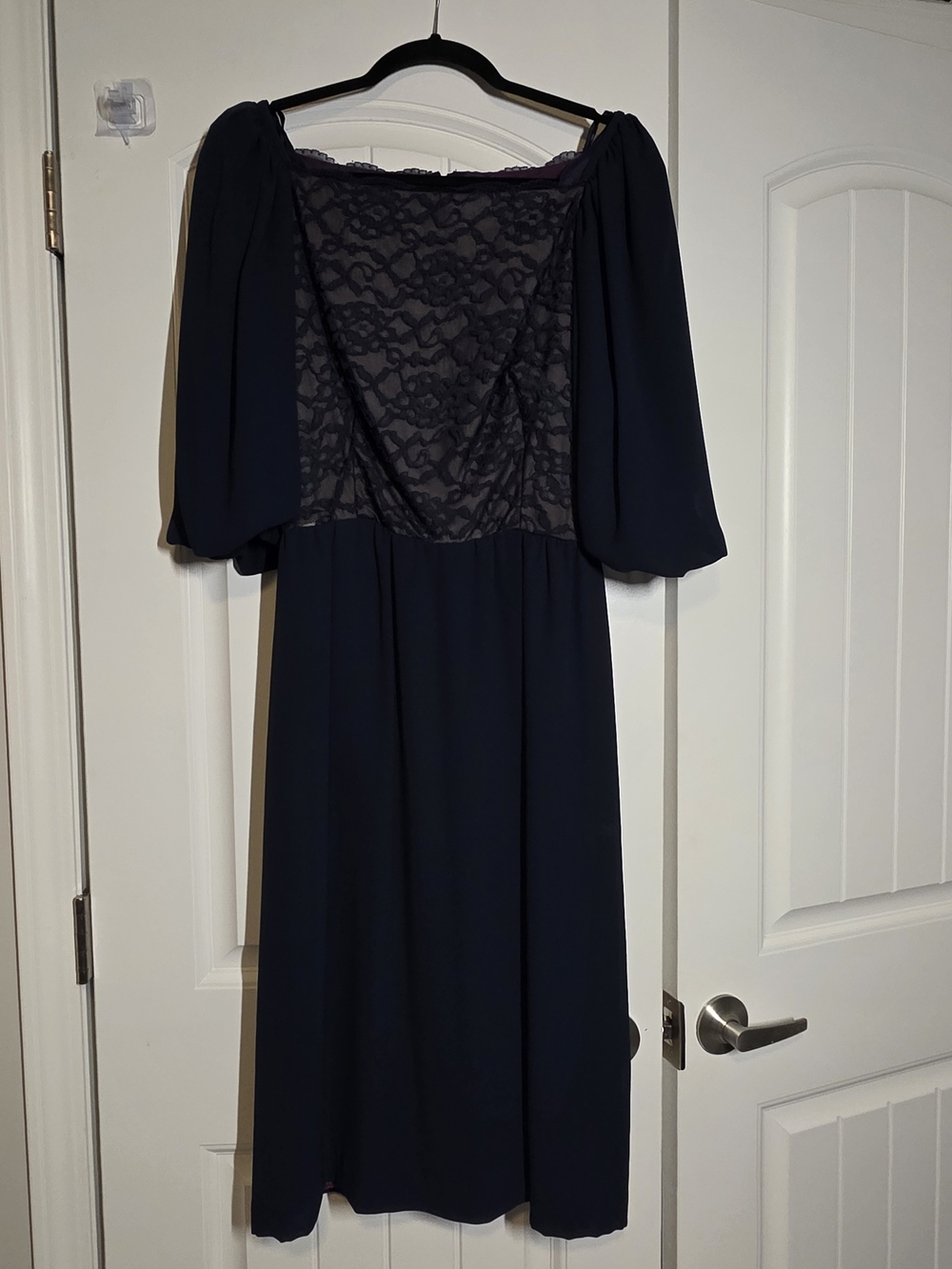 VINTAGE Late 70s/ EARLY 80S Miss Elliette Navy Lace-TopMidi Dress